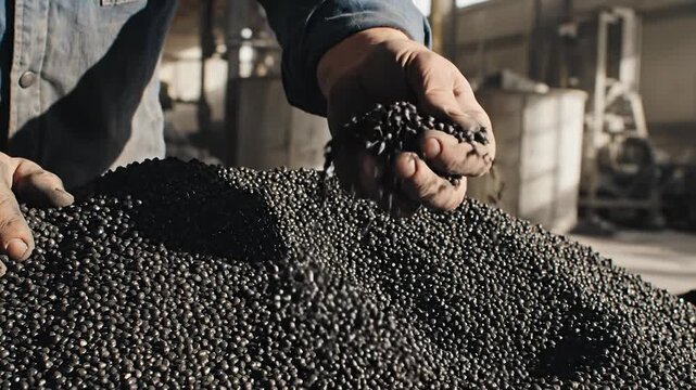 Industrial worker's hands sifting through dark granular material in a factory setting