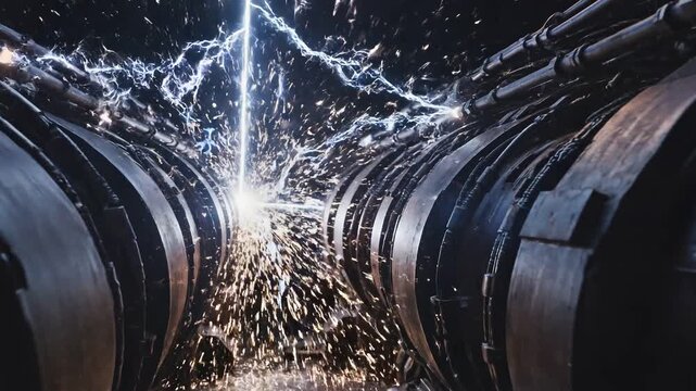 Inside a large particle accelerator energy beams collide in a brilliant display