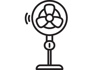 Obraz premium Fan electric desk icon with spinning blades and airflow motion lines, minimal black outline symbol for cooling, ventilation, air circulation, and summer climate control