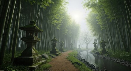 Naklejka premium Serene bamboo forest path with stone lanterns and a gentle stream.
