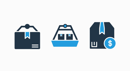 Obraz premium E-commerce icons for shopping cart, delivery box, and secure payment, symbolizing online shopping, logistics, and financial transactions.