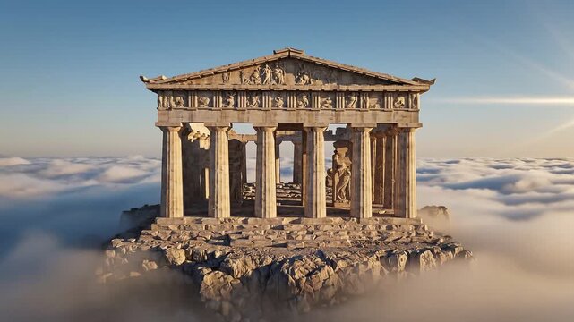 The parthenon in athens greece bathed in golden sunlight above the clouds