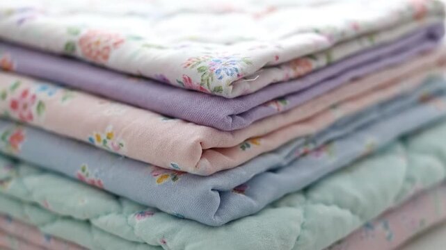 A close-up showcases a neatly stacked pile of pastel-colored, floral-printed fabric