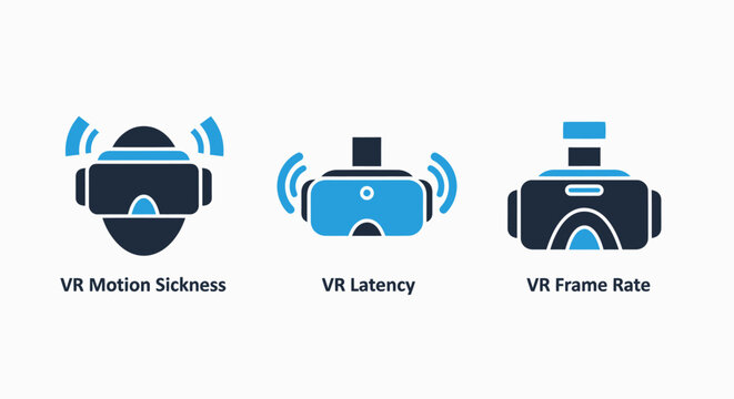 VR experience issues icons: motion sickness, latency problems, and frame rate optimization for virtual reality technology and development.