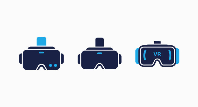 Collection of VR headset icons showcasing different styles and designs for virtual reality technology and experiences, in dark navy and blue