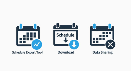 Calendar Schedule and Data Management Icons, featuring Export Download and Sharing Tools for Digital Planning and Information Exchange Pictograms
