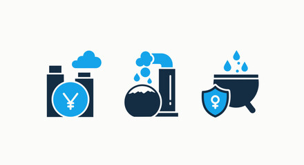 Industrial Production and Financial Regulation with Environmental and Gender Equity Concepts, Modern Flat Vector Icon Set in Blue and Dark Tones