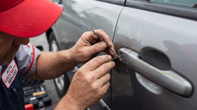 Auto locksmith services technician unlocking car door with tools
