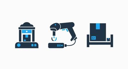 Industrial Production, Inventory Management, and Product Pricing, Barcode Scanning and Manufacturing Process, Modern Flat Vector Icon Set