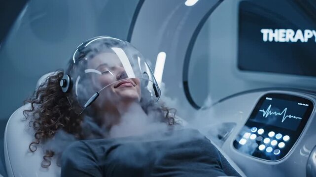 Woman in Futuristic Helmet Undergoes Advanced Therapy in a High Tech Medical Pod.