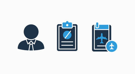 Business Professional and Travel Planning Icons with Flight Documentation and Restrictions