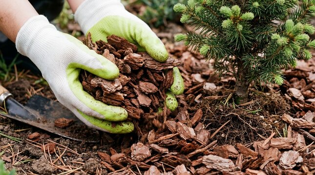 Gardener applying mulch around small pine tree for healthy growth