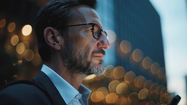 Mature man with beard and glasses engrossed in phone, city lights at night.