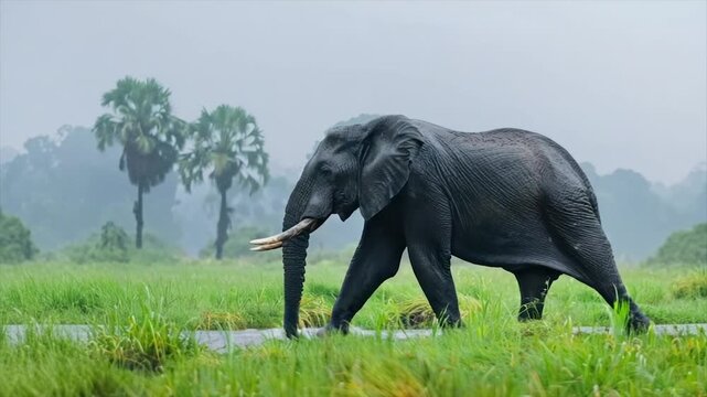 A large elephant walks through tall grass, under a misty sky near some palm trees