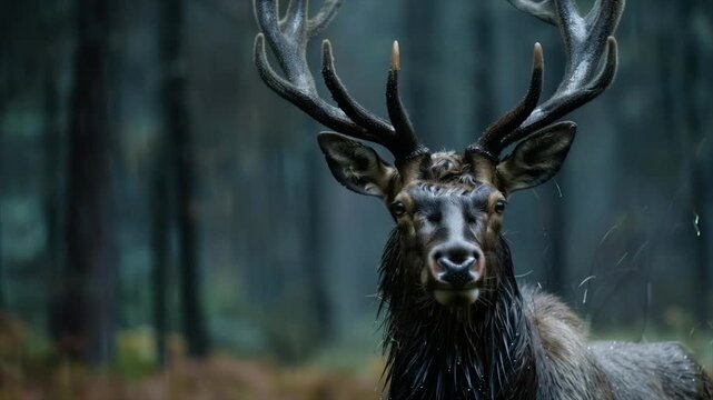 A majestic elk with impressive antlers stands in a rainy forest, gazing forward