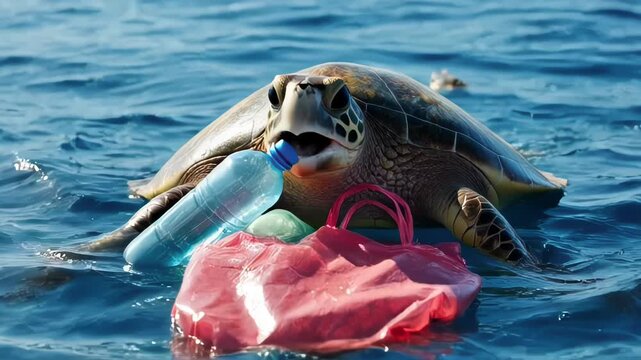 Sea turtle resting near a pink plastic bag in bright blue ocean water and sunlight.