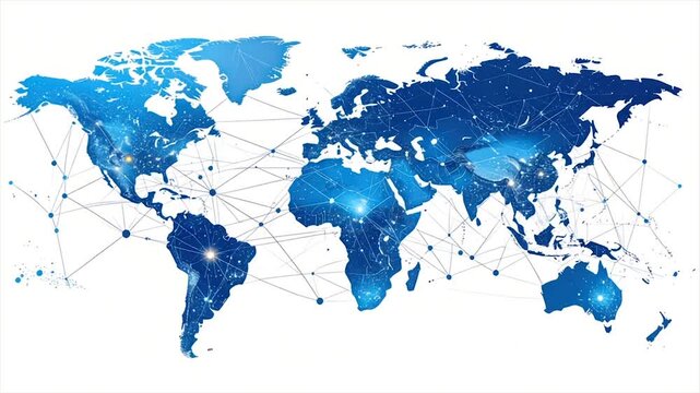 A blue-toned world map with interconnected lines and nodes, representing global connections