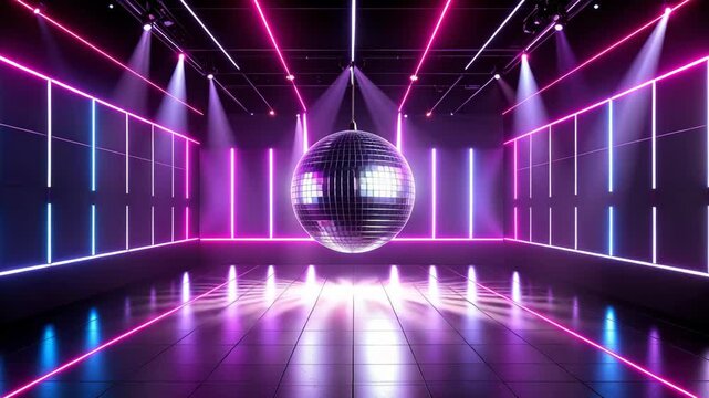 Disco ball illuminated by neon lights in empty club dance floor