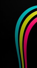 Abstract black background with three vibrant neon curved lines: teal, yellow, and magenta, flowing vertically, a graphic design element.