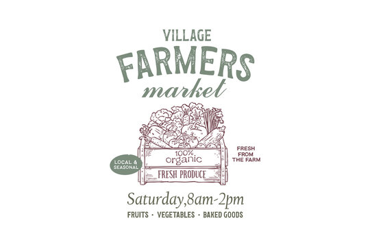 Village Farmers Market Vintage Signage with Wooden Crate of Fresh Vegetables Illustration Design