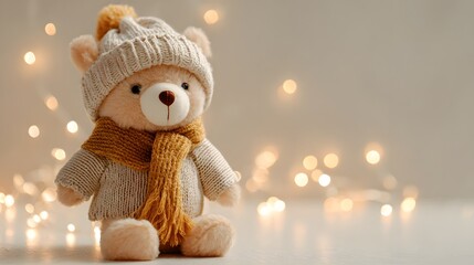 Cute Teddy Bear Wearing Winter Hat and Scarf with Bokeh Lights.