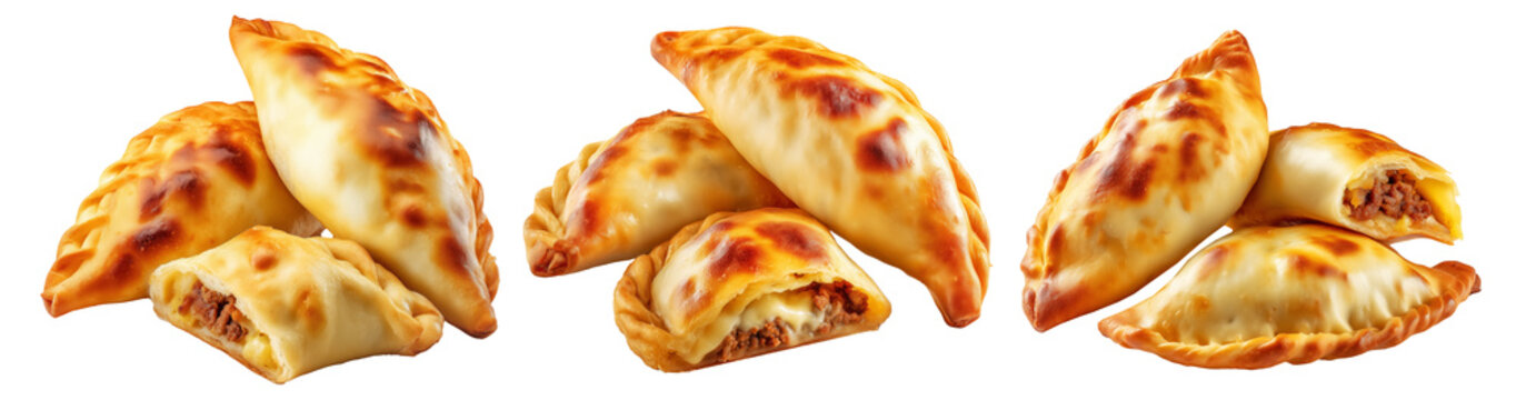 Sambousek Sambusa baked empanadas filled with ground beef and melted cheese, isolated on white transparent background
