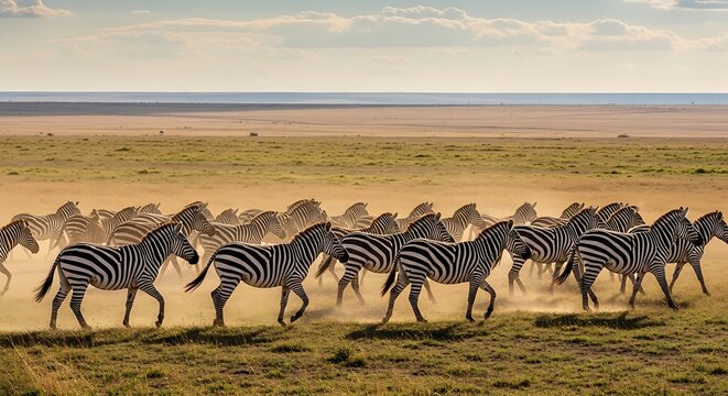 Herd of zebras running across savannah landscape with dusty trail