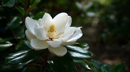 Obraz premium Magnificent White Magnolia Flower Blooming in Lush Greenery.