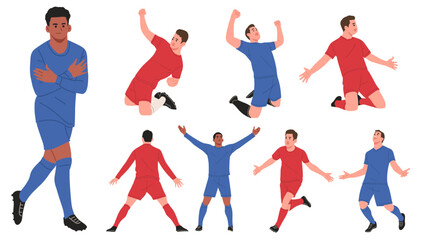 set of male soccer players celebrating a goal in various dynamic poses such as jumping, sliding and victory gestures.Perfect for football match highlights, sports branding, tournament,poster,media © NUR