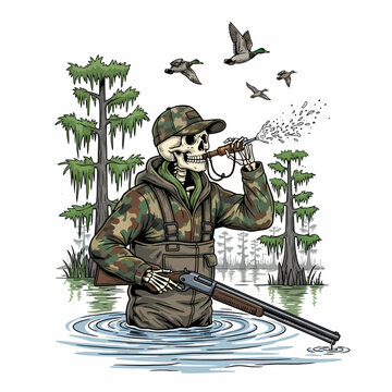 Skeleton hunter wearing camouflage waders blowing duck call in swamp with flying mallards