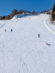 Wide snowy ski run with tracks and winter trees under a clear blue sky in Japan