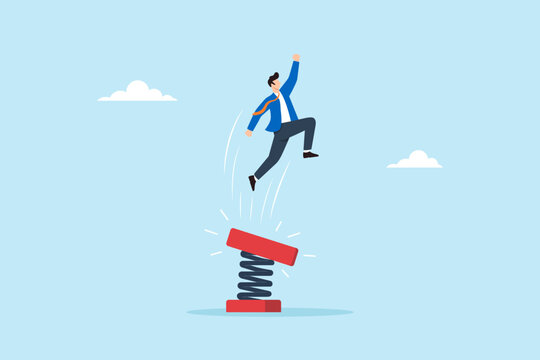 Flat illustration of businessman jumping high after being launched by spring platform symbolizing career boost sudden growth momentum breakthrough and accelerated success