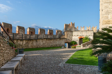 Inner courtyard of medieval castle fortress in Malcesine, Lake Garda, Italy