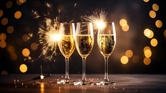 Three champagne glasses filled with bubbly champagne and lit sparklers creating a festive celebratory atmosphere