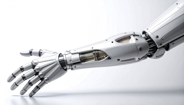 Close-up of a futuristic robotic arm reaching out.
