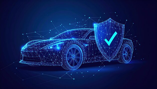 Car insurance concept with digital car and shield protection.