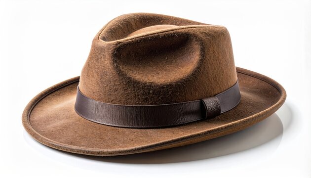 Classic brown fedora hat with dark brown band on white background.