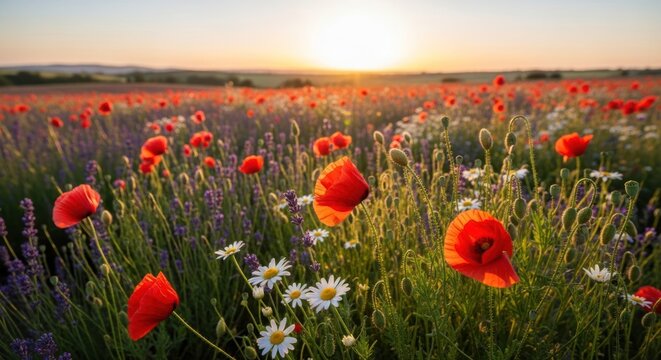 Golden sunset over a vibrant field of poppies, lavender, and wildflowers.