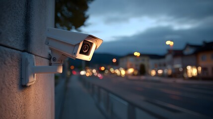 Outdoor Security Camera Monitoring Street Scene at Dusk.