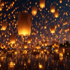 Golden Sky Lanterns Floating at Night, Lantern Festival.