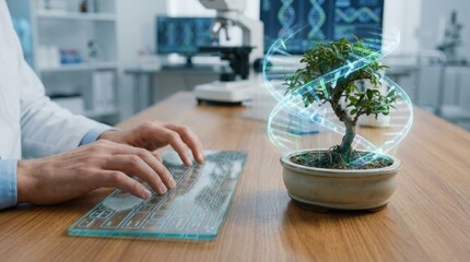 startup seed technology growth nature concept. Scientist typing on a futuristic keyboard with a bonsai tree and DNA graphics.