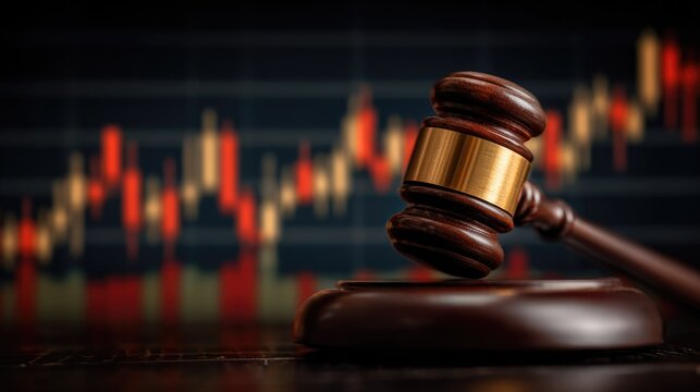 Wooden Gavel on Table with Blurred Stock Market Charts and Graphs in Background for Legal and Financial Concepts