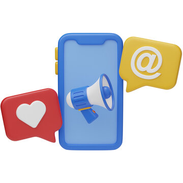 3D smartphone with megaphone, like and email icons, representing social media marketing, online communication, digital promotion, and mobile engagement.