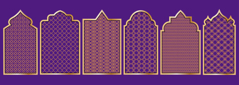 Golden Islamic arch with intricate geometric patterns on elegant purple background