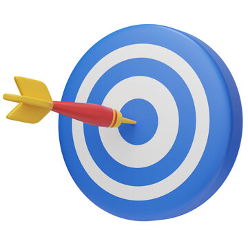 3D render of a red and yellow dart hitting the center of a blue bullseye target, symbolizing success, accuracy, and goal achievement.