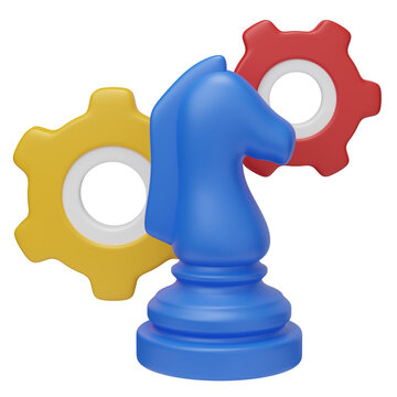 3D illustration of a blue chess knight in front of yellow and red gears, symbolizing planning, business strategy, and decision-making processes.