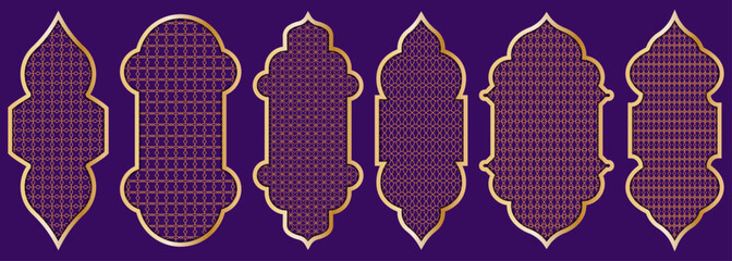 Islamic golden Ramadan arch window frames with geometric Arabic patterns set