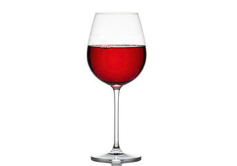 A single crystal glass of ruby-red wine with condensation on a polished white surface against a transparent background with copy space. Concept for beverage advertising