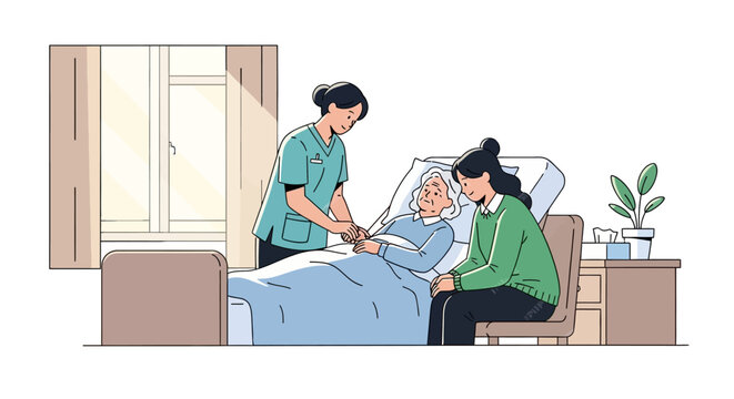Caring nurse attending to elderly patient in hospital bed with supportive family member present