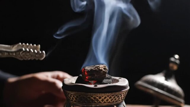 Oud Wood Chip Placement on Glowing Charcoal in a Traditional Silver Mabkhara - Luxury Fragrance Ritual